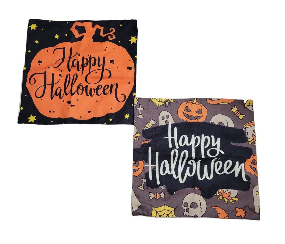 Happy Halloween Burlap Canvas Pillow Covers Set